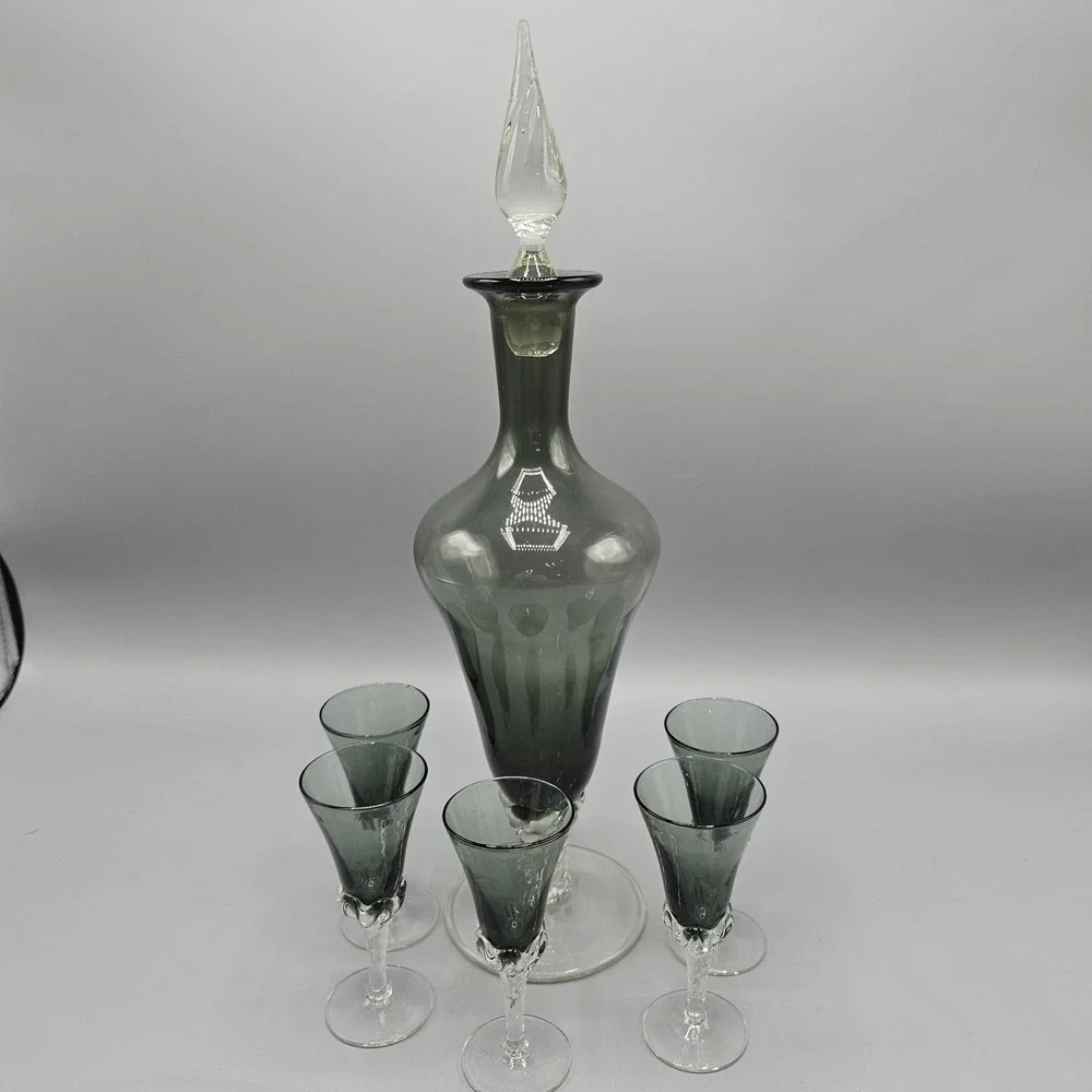 Vintage Empoli Italian Smoke Grey Decanter & Cordial Glasses Set 5 Twisted‎ Foot